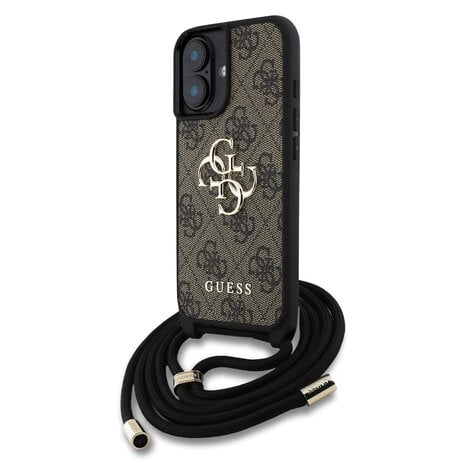 Op de foto zie je een GUESS-hoesje voor een iPhone, een backcover met afneembaar koord om de telefoon om de nek of schouder te dragen. Het doel van het product is je smartphone beschermen tegen krassen en stoten en hem tegelijk handsfree bij de hand te houden. Het hoesje heeft een beige canvas achterzijde met donkerbruine monogramprint, een zwart rubberen frame en een goudkleurig metalen logo in het midden. Het bijgeleverde koord is van stevig geweven textiel met goudkleurige metalen uiteinden die passen bij het logo. Je gebruikt dit hoesje vooral onderweg, op festivals of tijdens een citytrip als je je handen vrij wilt houden maar toch je telefoon snel nodig hebt. Het is ideaal voor actieve gebruikers die veel reizen, winkelen of werken op kantoor. Unieke eigenschappen zijn het verstelbare en afneembare koord, de robuuste TPU-rand voor extra stootbescherming en het luxe monogramcanvas dat meteen als fashionaccessoire werkt.
