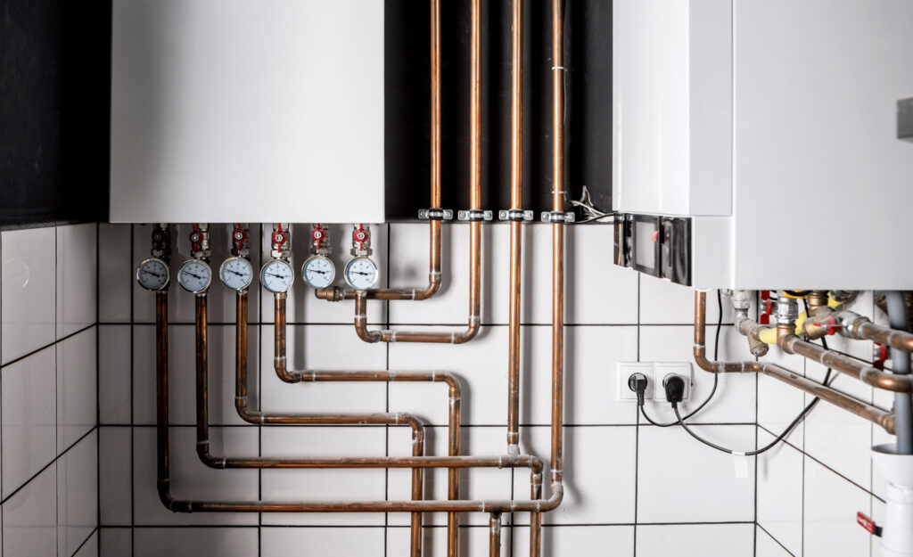 Op de foto zie je een strak afgewerkte verwarmingsinstallatie in een technische ruimte, compleet met koperen leidingen en drukmeters. Deze dienst richt zich op de installatie en het onderhoud van centrale verwarmingssystemen. Het hoofddoel is een stabiele en efficiënte warmtevoorziening met nauwkeurige drukcontrole. De compact gemonteerde wandketel bespaart kostbare ruimte, de duidelijk afleesbare manometers maken controle snel en eenvoudig en de hoogwaardige koperen leidingen bieden een lange levensduur en betrouwbare watercirculatie.
