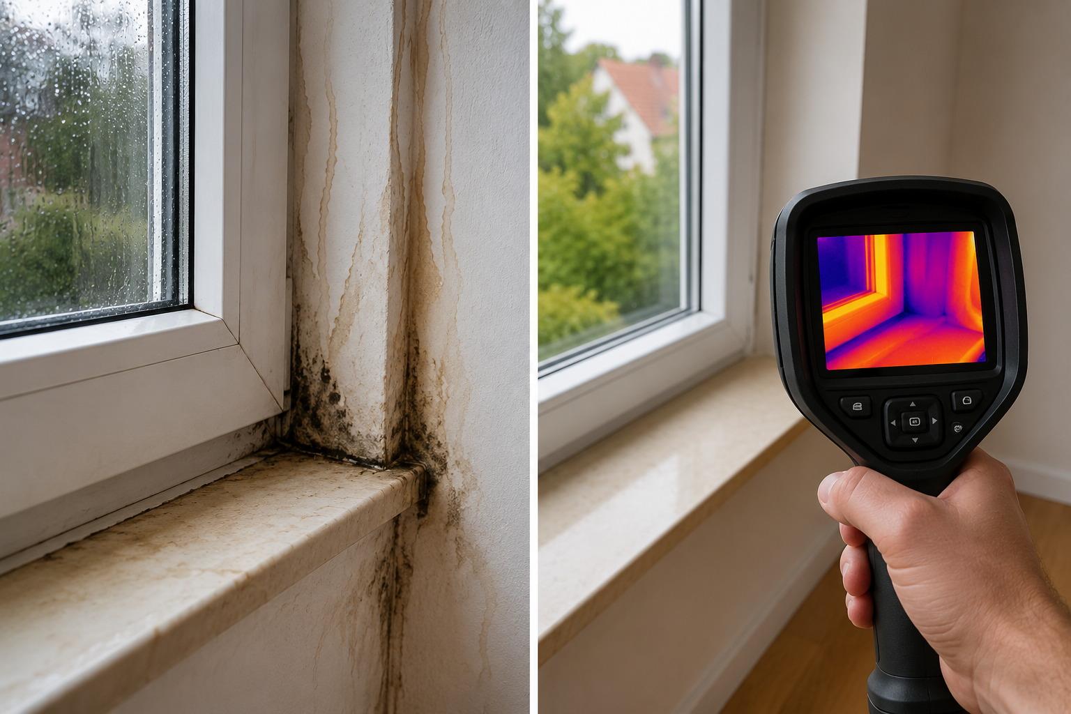 Op de foto zie je een vochtige raamhoek met duidelijke schimmelplekken naast een specialist die met een compacte infraroodcamera strakgekaderde warmtebeelden maakt. Het gaat om een thermografische inspectie- en vochtanalyse dienst die verborgen koudebruggen en condensatiezones opspoort. Het hoofddoel van deze dienst is het snel en nauwkeurig blootleggen van bouwkundige zwakke plekken om verdere schimmelvorming en energieverlies te voorkomen. Dankzij de contactloze meting via een handzame, hoge-resolutie warmtecamera zijn probleemlocaties direct zichtbaar zonder ingrijpend sloopwerk en kun je gericht herstelmaatregelen plannen.